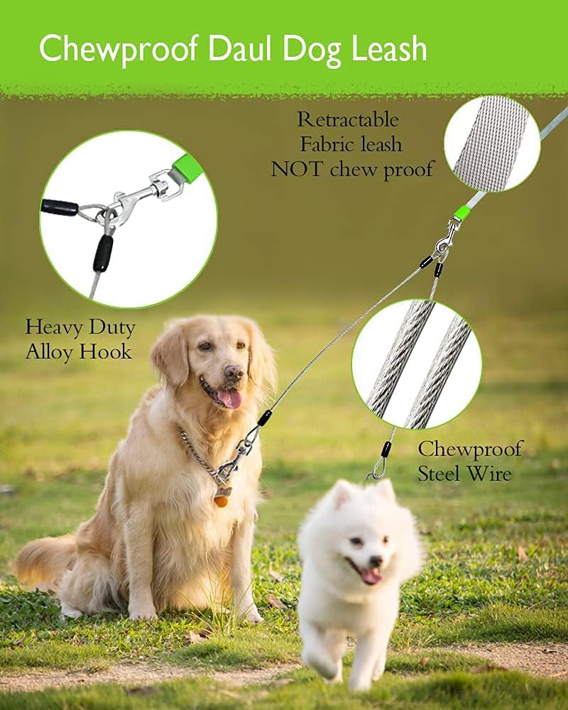 Chew Proof Retractable Dog Leash with 2 Heavy Duty Anti-Chewing Wire Ropes, 16FT Leashes 360 Tangle Free for 2 Dogs, Dual Dog Lead for Small/Medium/Large Dogs